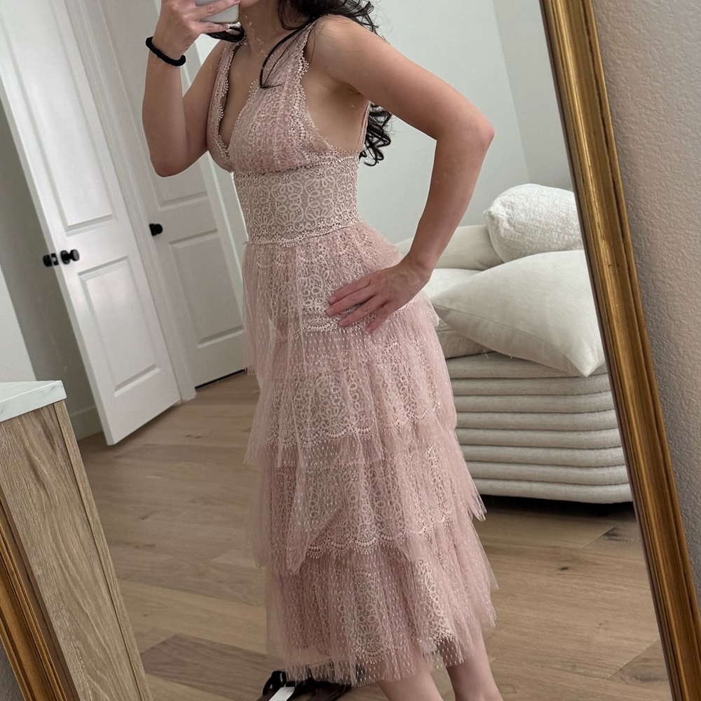 BHLDN Catherine Dean Blush Lace Tiered Midi Dress - Picture 5 of 10